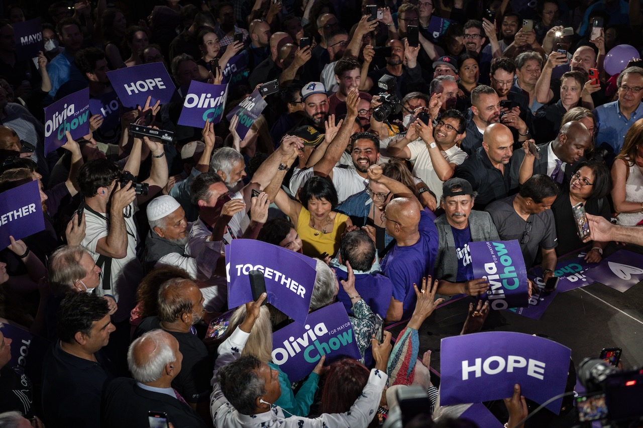 Olivia Chow makes her way to the stage after being elected Mayor of Toronto on election day in Toronto, Ont., on Monday June 26, 2023. (Christopher Katsarov Luna/cred})