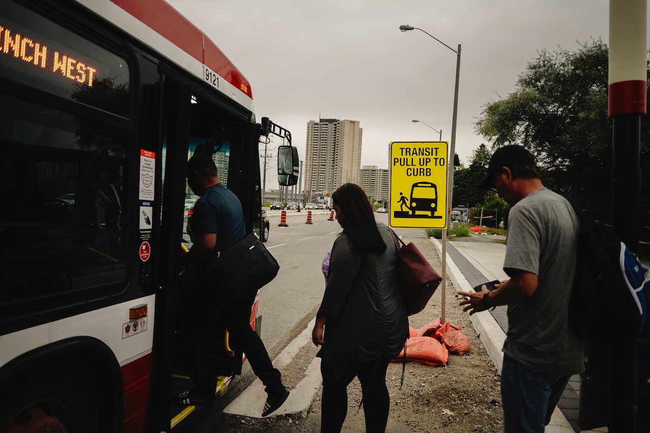 People board the TTC at Finch West and Oakdale Rd., along the Finch West LRT corridor, in Toronto, Ont., on Thursday Aug. 24, 2023. (Christopher Katsarov Luna/cred})