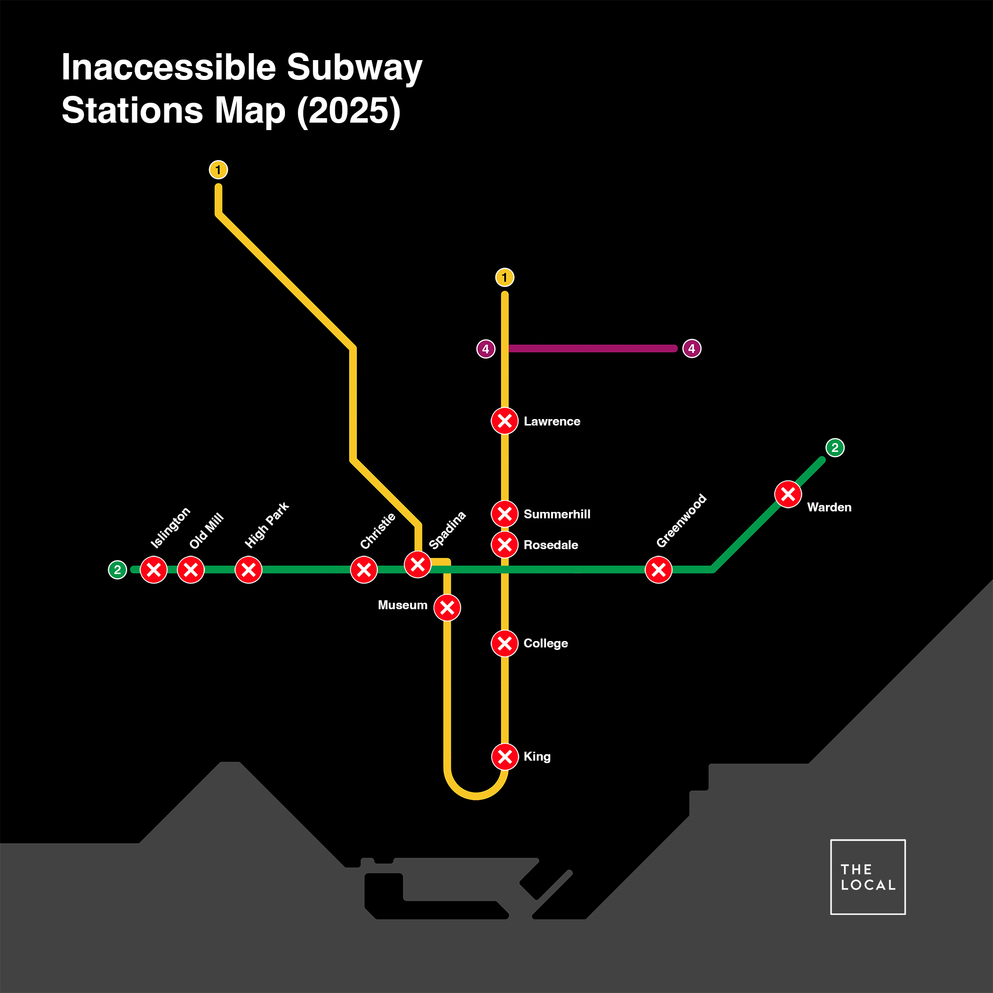Inaccessible TTC subway stations map, showing the 13 stations that will not be AODA compliant by 2025: Islington, Old Mill, High Park, Christie, Spadina, Greenwood, Warden, King, College, Rosedale, Summerhill, Lawrence.