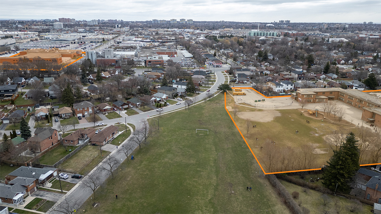 Aerial photograph showing the site of Sterigenics’ former facility in Scarborough, outlined in orange, and the nearby school. Photo: Sid Naidu / The Narwhal. Illustration: Shawn Parkinson / The Narwhal