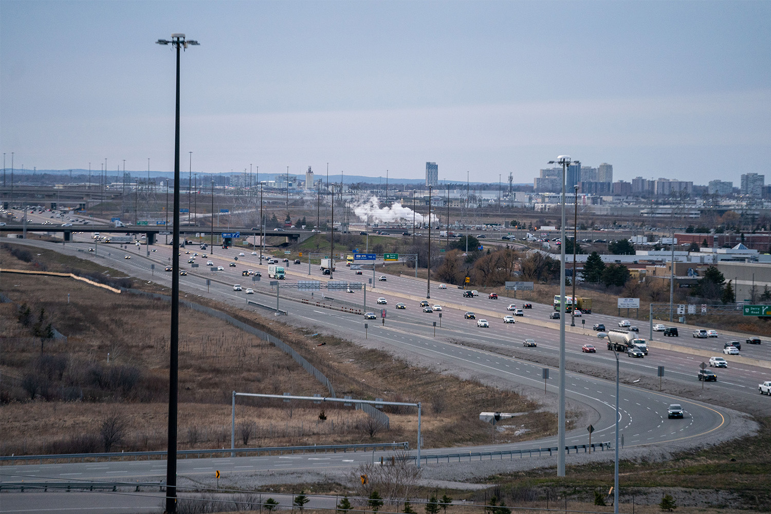 On cold days, smoke and steam can be seen billowing into the air from various facilities along this stretch of industrial Mississauga.
