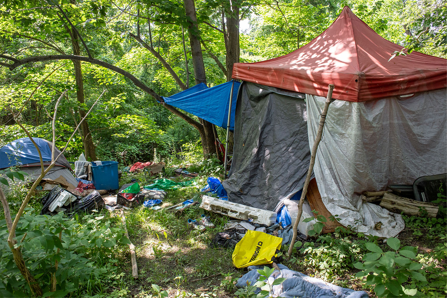 A semi-abandoned encampment at Chalkfarm Park, near Jane Street, in June 2024. 