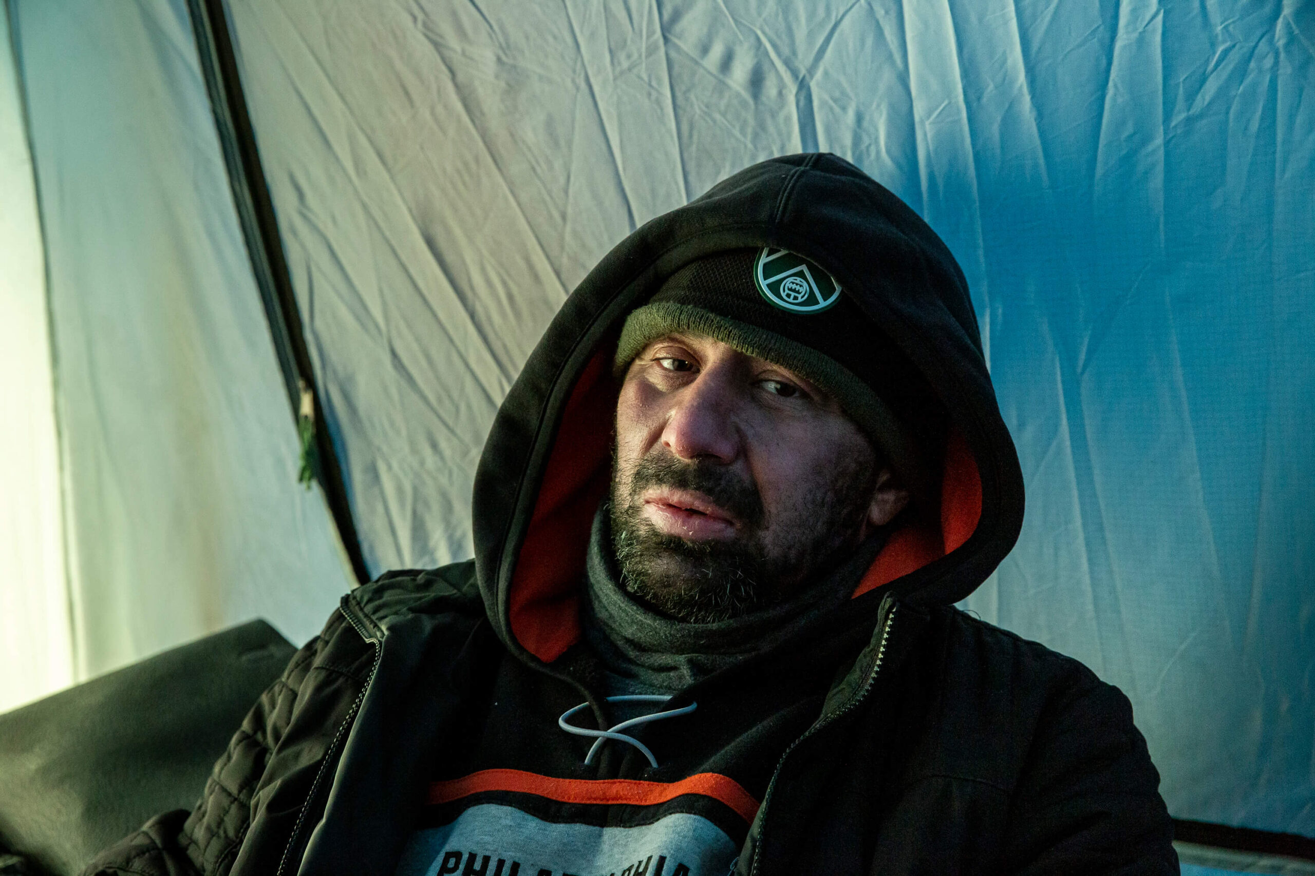 Davit Sesisheili in his tent in Trinity Bellwoods Park.