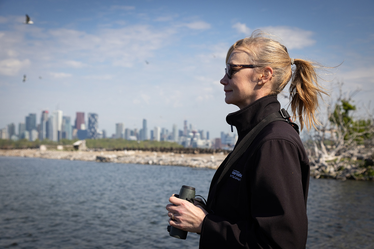 Karen McDonald, senior manager of ecosystem management at TRCA, observes cormorants nesting at Tommy Thompson Park.