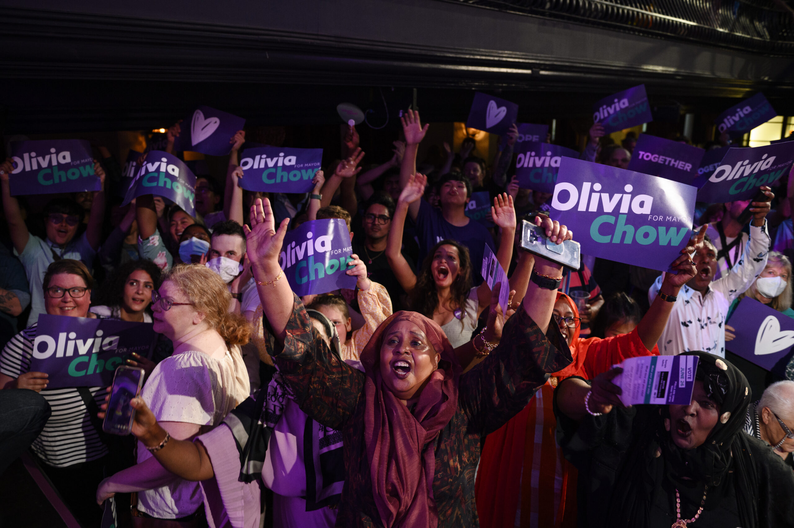 Olivia Chow celebrates with supporters after being elected Mayor of Toronto in 2023. Photos by Christopher Katsarov Luna / The Local