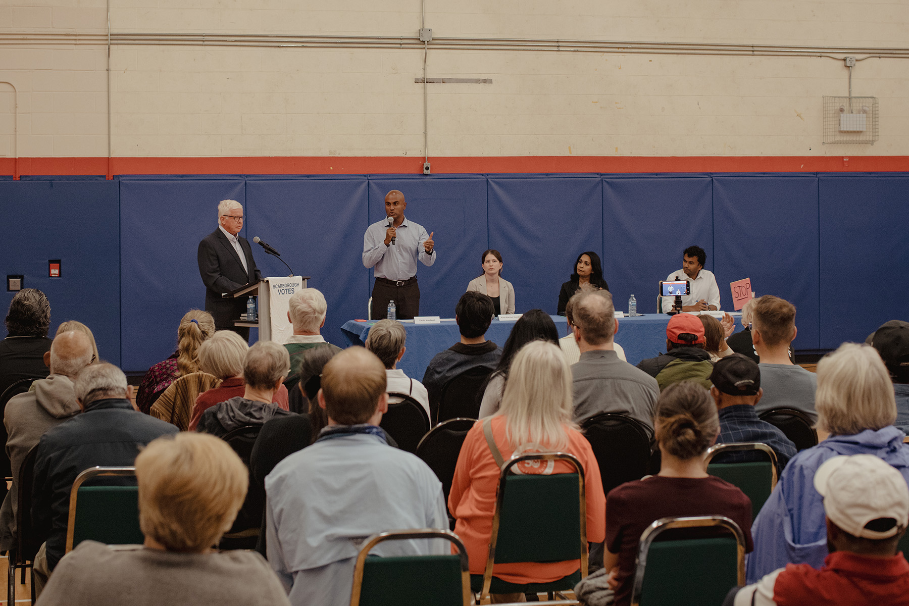 Scarborough Southwest candidates speak at a candidates forum in September. From left, incumbent Parthi Kandavel and candidates Ariel-Rachel Karokis, Sharmina Nasrin, and Kevin Rupasinghe.
