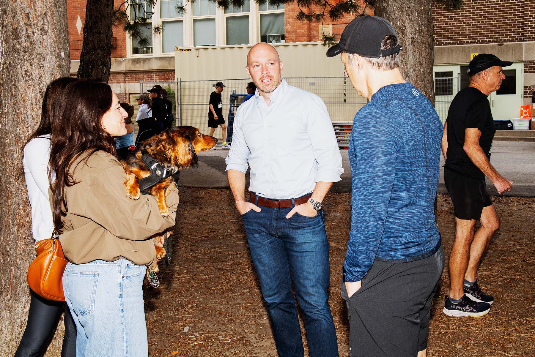 Bradford speaks with attendees of a charity run at Jesse Ketchum Public School in September.