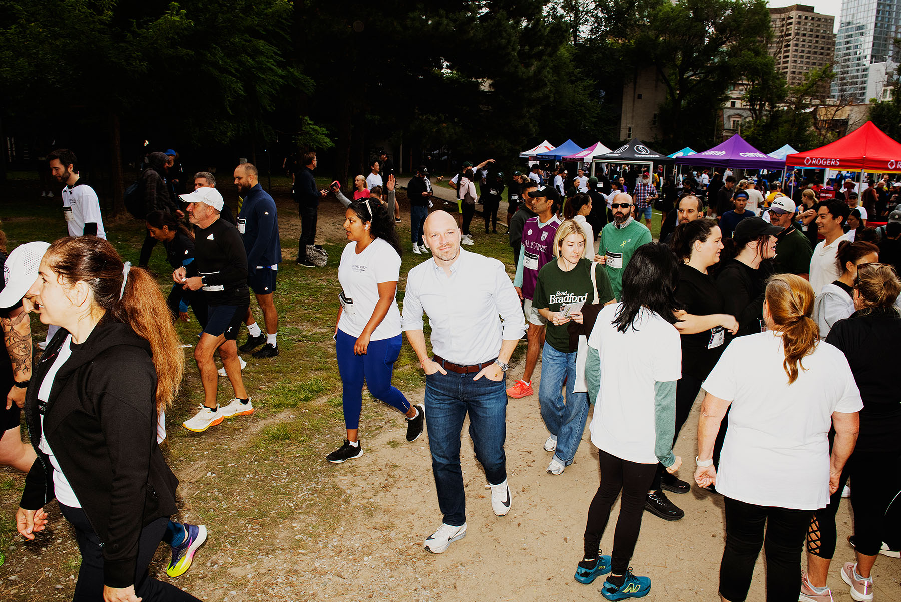 Bradford walks through the Jesse Ketchum Public School yard before a charity run.